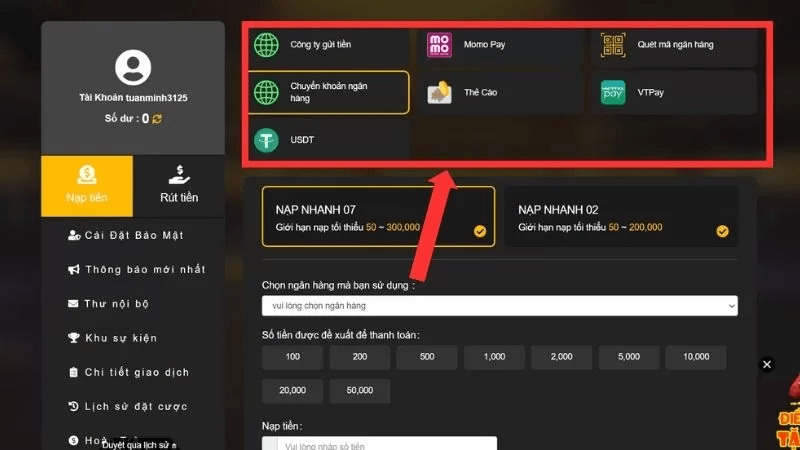 Chọn phương thức nạp 789win